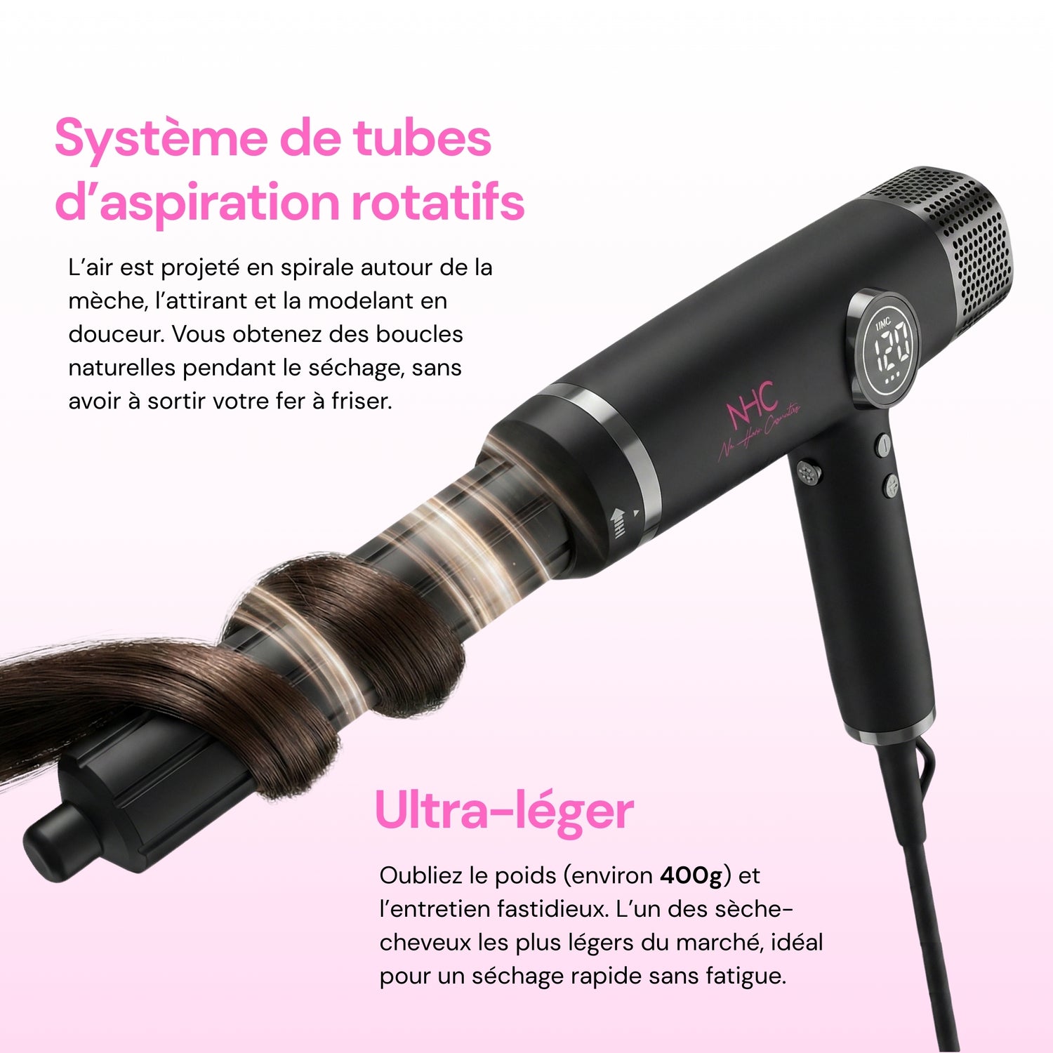 Sèche-cheveux ionique ultra-léger à technologie d’air rotatif