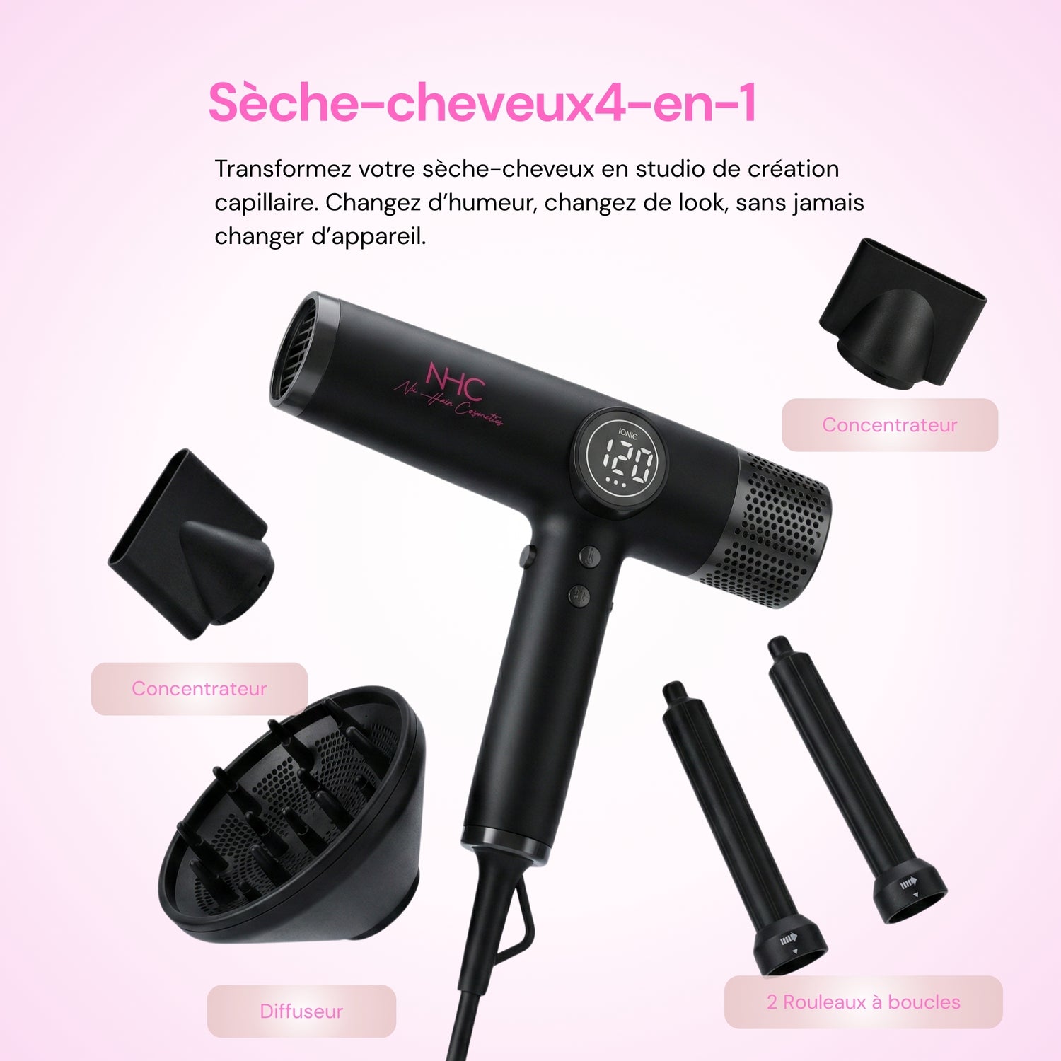 Sèche-cheveux ionique ultra-léger à technologie d’air rotatif